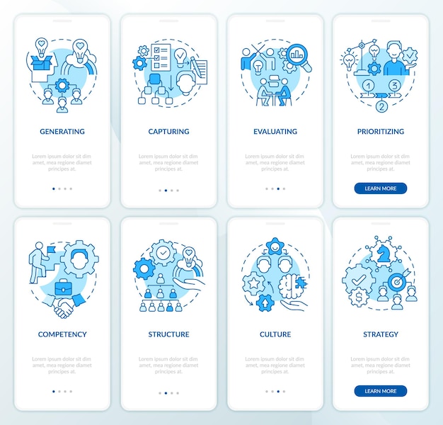 Ensemble D'écrans D'application Mobile D'intégration Bleue De La Structure De Gestion De L'innovation