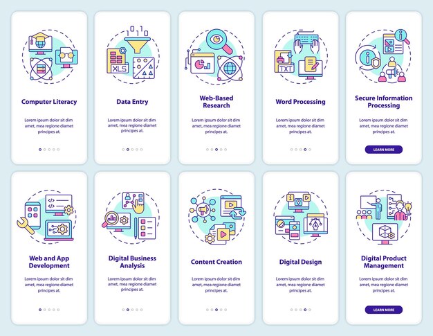 Ensemble d'écrans d'application mobile d'intégration des compétences numériques et de l'alphabétisation