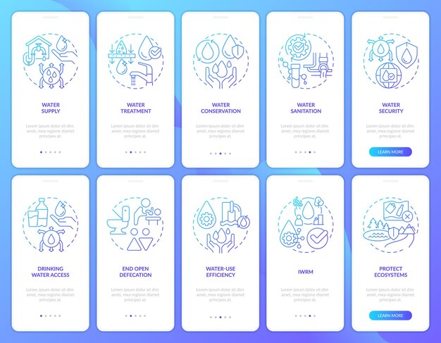 Ensemble d'écrans d'application mobile d'intégration de gradient bleu de gestion de l'assainissement de l'eau