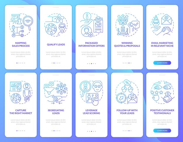 Ensemble d'écrans d'application mobile d'intégration de gradient bleu de processus de conversion de plomb