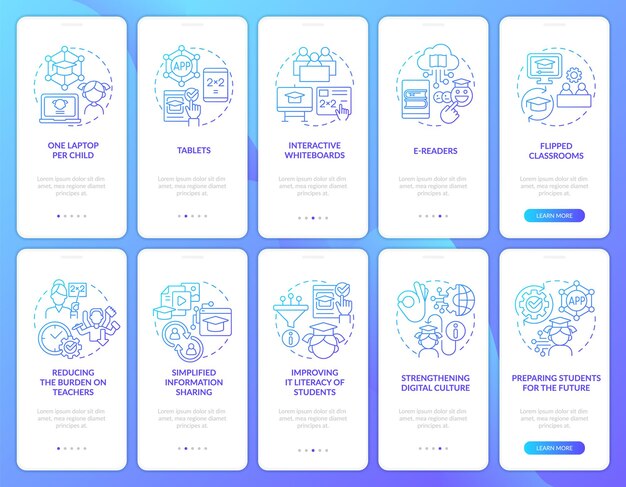 Ensemble d'écrans d'application mobile d'intégration de gradient bleu des TIC dans l'industrie de l'éducation