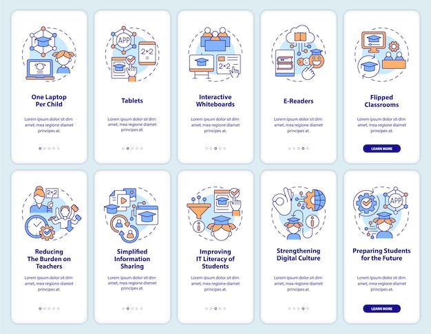Ensemble d'écrans d'application mobile d'intégration des TIC dans l'industrie de l'éducation
