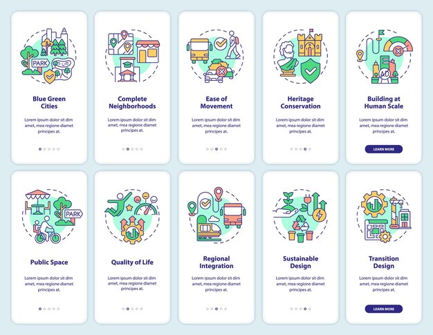 Ensemble d'écrans d'application mobile d'intégration d'urbanisme