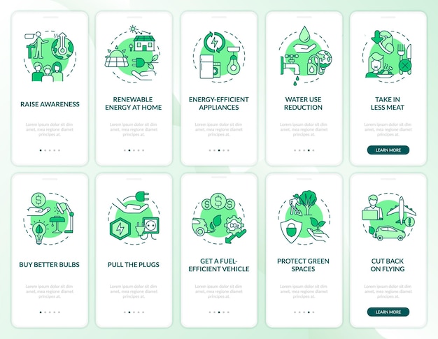 Ensemble d'écrans d'application mobile d'intégration verte sur le changement climatique et le réchauffement climatique