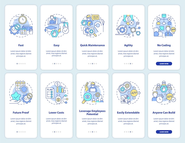 Ensemble D'écrans D'application Mobile D'intégration Web 3 0. Procédure Pas à Pas De Solution à Faible Code Pages D'instructions Graphiques En 5 étapes Avec Des Concepts Linéaires. Ui, Ux, Modèle D'interface Graphique. Myriad Pro-bold, Polices Régulières Utilisées