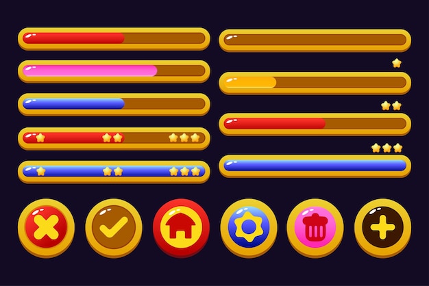 Ensemble d'écrans contextuels de boutons de menu d'actifs de jeu et de boutons de paramètres rouges et jaunes