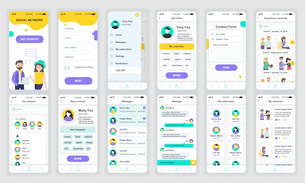 Ensemble d'écrans d'interface utilisateur, UX et GUI, app de réseau social plat