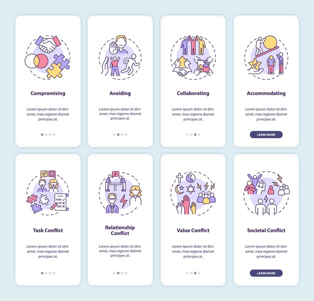 Ensemble d'écrans de page d'application mobile d'intégration de la gestion des conflits