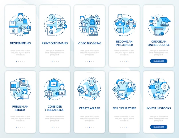 Ensemble D'écrans De Page D'application Mobile Pour Gagner De L'argent En Ligne. Instructions Graphiques Pas à Pas En 5 étapes Avec Des Concepts De Dropshipping. Modèle Vectoriel Ui, Ux, Gui Avec Illustrations En Couleurs Linéaires