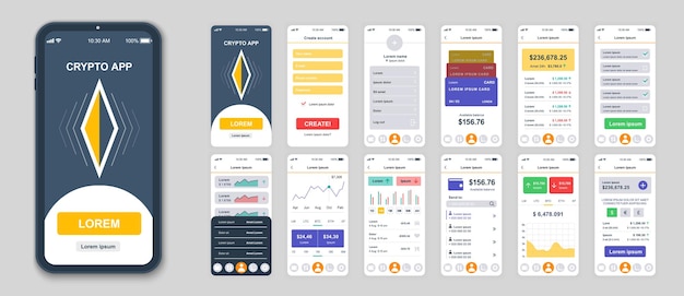 Ensemble d'écrans UI UX GUI Modèle de conception plate d'application Cryptocurrency pour site Web réactif pour applications mobiles