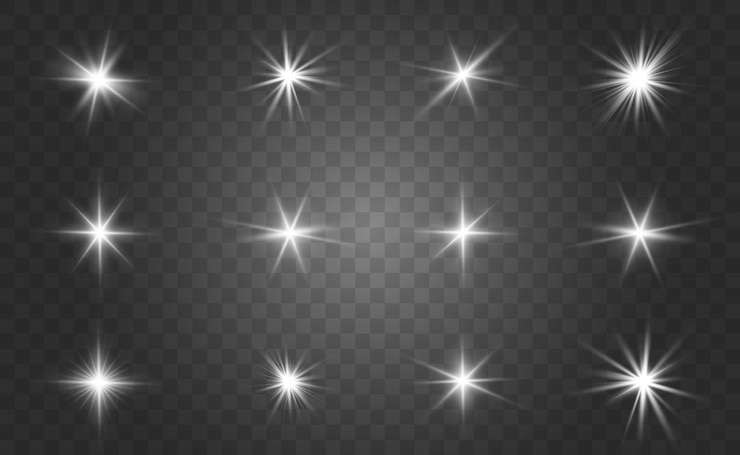Vecteur ensemble d'effets de lumière blanche isolé lueur, lumière parasite, explosion, paillettes, ligne, flash solaire et étoiles. conception d'élément abstrait effet spécial. shine ray avec la foudre