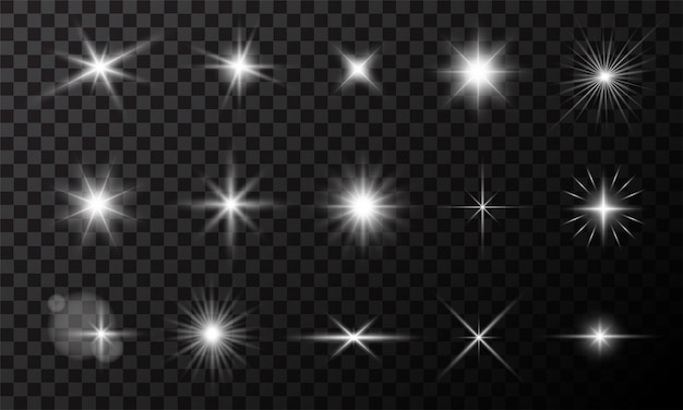 Ensemble d'effets de lumière isolé sur fond transparent foncé. Éblouissement de l'objectif, explosion, paillettes, ligne, flash solaire, étincelle et étoiles.
