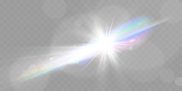 Ensemble d'effets lumineux brillants avec des éclats d'étoiles et des faisceaux rayonnants sur un fond transparent