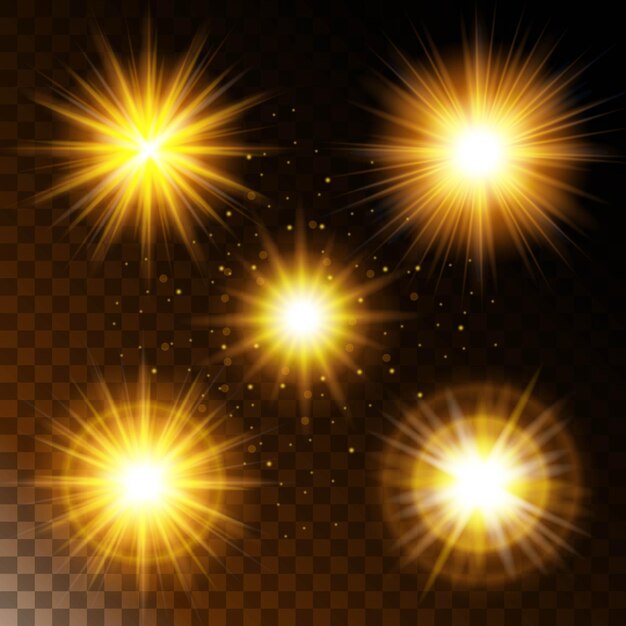 Vecteur un ensemble d'effets lumineux brillants étoile la lumière du soleil lueur jaune chaude
