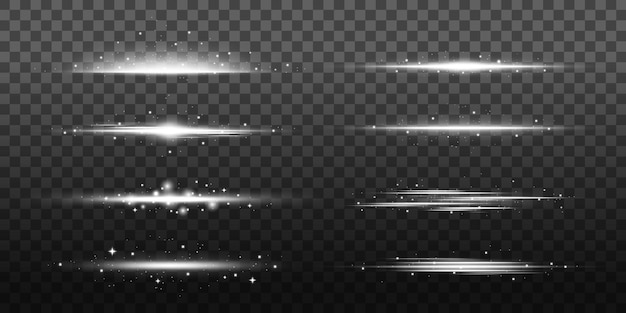 Ensemble d'effets lumineux brillants sur un fond transparent Les effets lumineux comprennent des étincelles, des lueurs et des faisceaux Parfaits pour les projets de conception nécessitant des effets de lumière