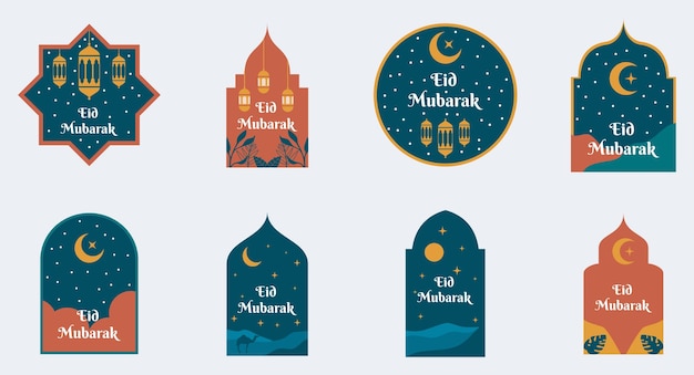 Ensemble De Eid Mubarak Moderne Et Ramadan Kareem. Modèle Et élément De Carte De Voeux Islamique.