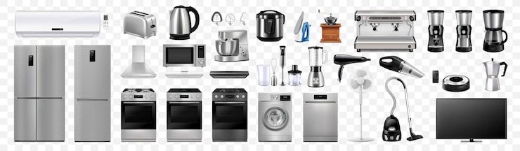 Vecteur un ensemble d'électroménager et de cuisine : four micro-ondes, lave-linge, réfrigérateur