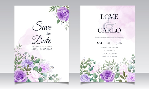 Vecteur ensemble élégant de cartes d'invitation de mariage avec de belles fleurs violettes