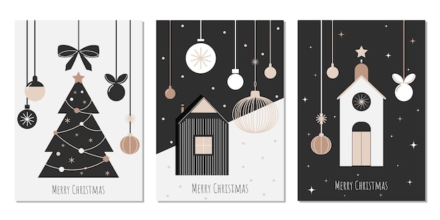 un ensemble élégant de cartes de Noël dans un style plat minimaliste, un art graphique vectoriel de groupe de cartes de noël avec des vœux