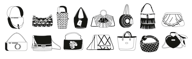 Vecteur ensemble élégant de sacs et d'embrayages pour femmes en noir et blanc parfaits pour toute occasion design élégant et options polyvalentes pour une collection d'accessoires à la mode et fonctionnelle illustration vectorielle