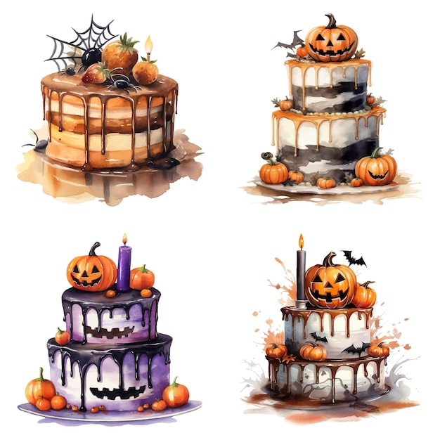 Ensemble D'un élément Aquarelle Très Détaillé De L'événement Cake Halloween Réalisé Avec Ai Vector Illustration