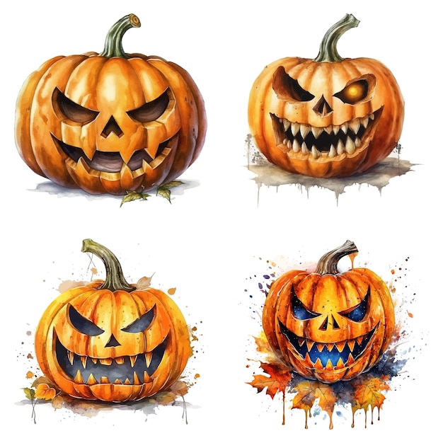 Ensemble d'un élément d'aquarelle très détaillé de l'événement d'Halloween de Jack O 'Lantern réalisé avec l'illustration vectorielle AI