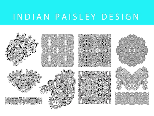 Ensemble D'élément De Conception De Paisley Indien Dessin à La Main Collection De Doodle De Tatouage Floral