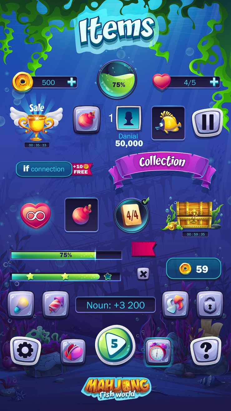 Vecteur ensemble d'éléments au format mobile mahjong fish world illustration
