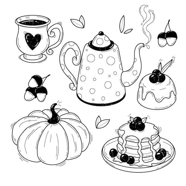 Ensemble D'éléments D'automne Confortables Clipart Vectoriel Illustration Noir Et Blanc Isolé Sur Fond Blanc