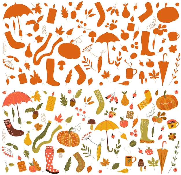 Ensemble D'éléments D'automne Dans Les Icônes D'automne De Style Doodle Isolés