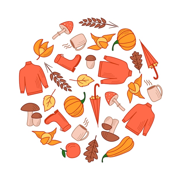 Ensemble d'éléments d'automne, objets vectoriels d'automne, style doodle.
