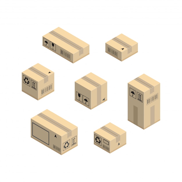 Vecteur ensemble d'éléments de boîte en carton ondulé. vecteur isométrique isolé