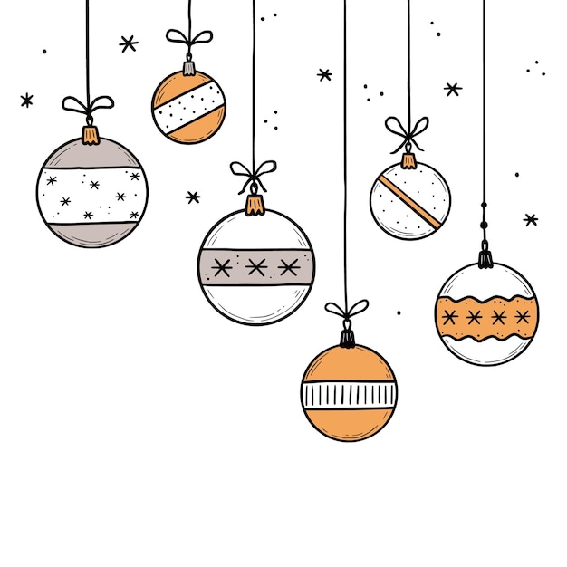 Ensemble D'éléments De Boule De Noël Doodle. Boule De Style Croquis Dessinés à La Main. Jolie Boule De Noël Pour Bordure, Design D'arrière-plan Avec Place De Texte. Illustration Vectorielle Isolée.