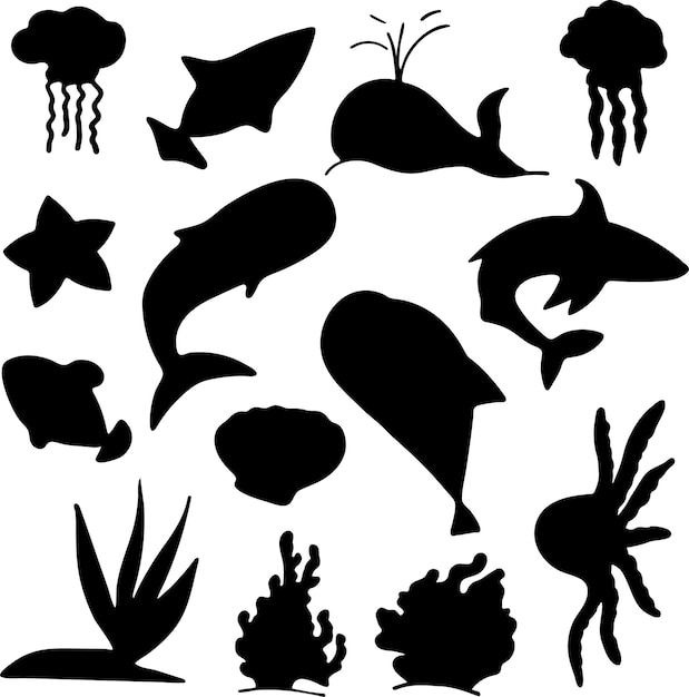 Ensemble d'éléments de collection de silhouette de poisson silhouette de poisson isolés sur fond blanc