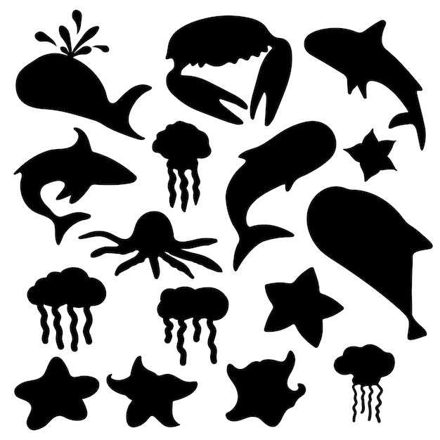 Ensemble D'éléments De Collection De Silhouettes De Poissons Isolés Sur Fond Blanc