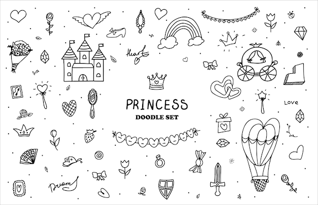 Ensemble d'éléments de conception de doodle de couronne de diadème de princesse de conte de fées sommaires dessinés à la main d'illustration vectorielle...