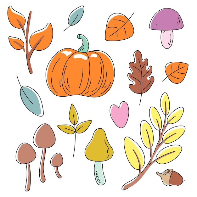 Ensemble d'éléments de conception feuilles d'automne, champignons, citrouille et gland