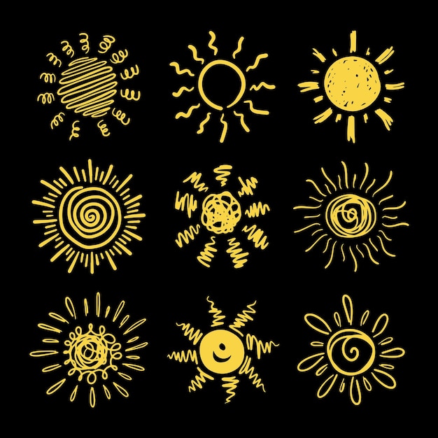 Ensemble d'éléments de conception soleil doodle illustration vectorielle
