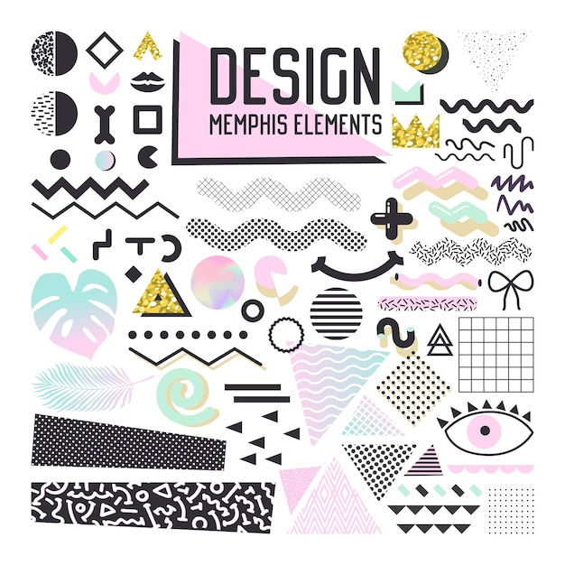 Ensemble D'éléments De Conception De Style Abstrait Memphis. Collection De Formes Géométriques Pour Motifs, Arrière-plans, Brochure, Affiche, Flyer, Couverture.