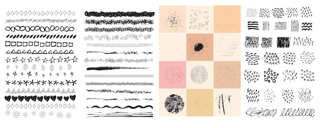 Ensemble d'éléments de conception vectorielle grunge dessinés à la main pour la texture du pinceau. Coups de pinceau et taches d'encre noire. Taches abstraites, points, lignes, éléments simples et vagues sur fond blanc