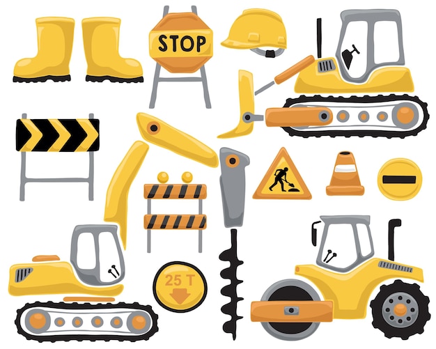 Vecteur ensemble d'éléments de construction avec des véhicules de construction