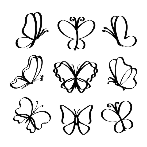 Vecteur ensemble d'éléments de dessin au trait papillon isolés sur fond blanc pour logo ou élément décoratif