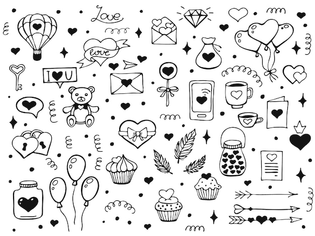 Ensemble d'éléments dessinés à la main sur l'amour. Éléments de conception isolés sur blanc. Fond de Saint Valentin heureux. Illustration vectorielle.