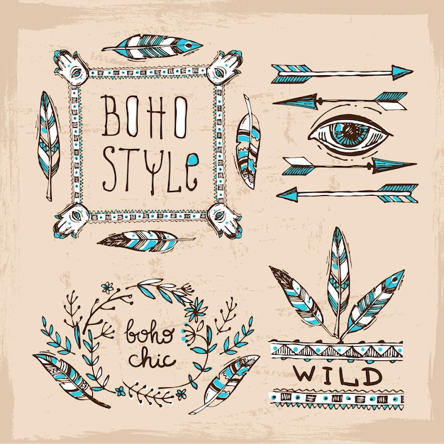 Vecteur ensemble d'éléments dessinés à la main de style boho illustration vectorielle boho éléments tribaux pour mariage boho