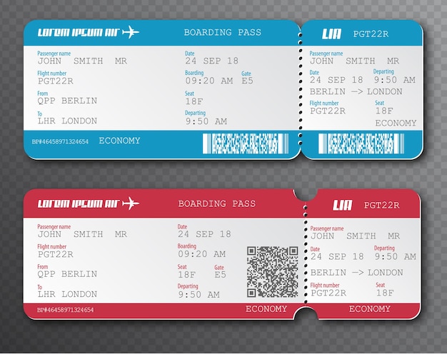Vecteur ensemble d'éléments détachables de billet d'embarquement de la compagnie aérienne, isolé sur fond transparent. illustration vectorielle. carte de vol passager rouge et bleu avec code qr. voyager en avion.