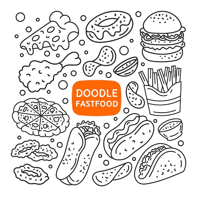 Vecteur un ensemble d'éléments de doodle de restauration rapide