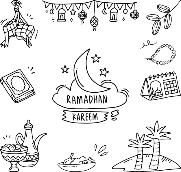 Ensemble d'éléments de doodle vectoriel liés au Ramadan et à l'Aïd