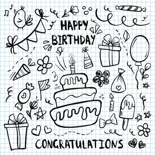 Ensemble d'éléments de doodles joyeux anniversaire Illustration vectorielle dessinés à la main Croquis de ballon fête décoration boîte-cadeau gâteau chapeaux de fête