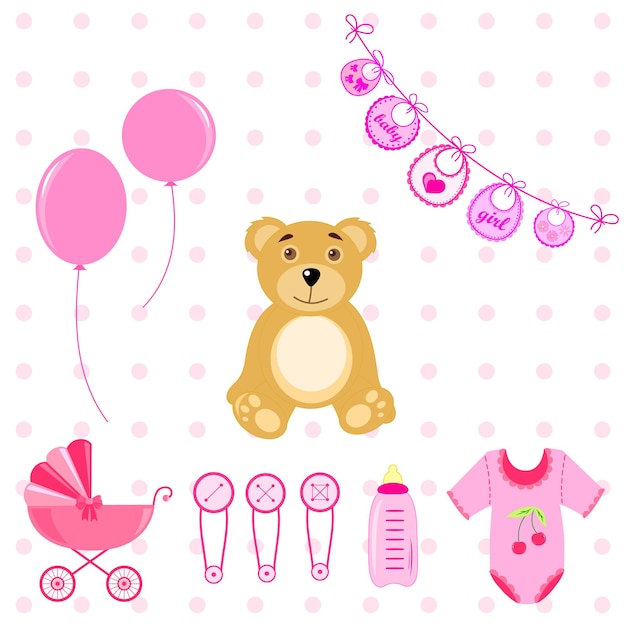 Ensemble d&#39;éléments de douche de bébé isolé sur fond blanc