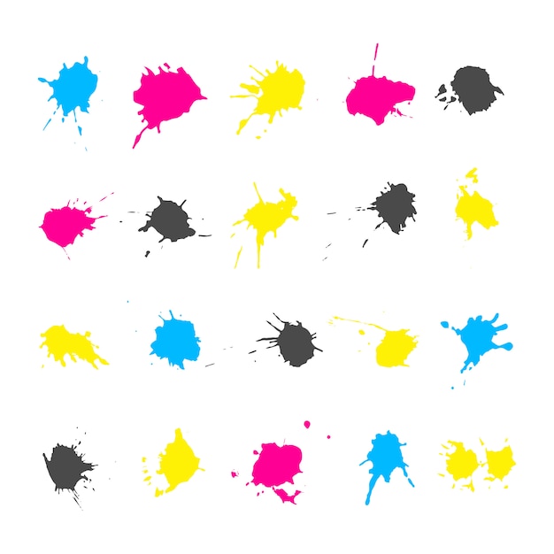 Ensemble d'éléments éclaboussures d'encre dans un jeu de couleurs CMJN isolé sur fond blanc. taches colorées et taches f